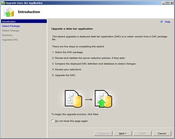 Upgrade Data Tier Applications wizard - Welcome screen