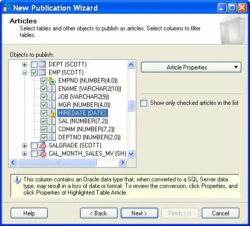 Select tables and other objects to publish as articles