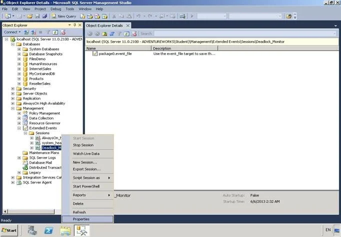 Right Click Session Properties
