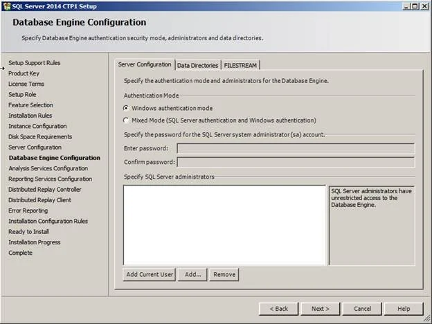 Database Engine Configuration: Server Configuration