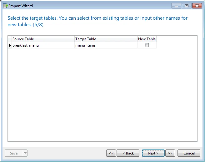 Import Wizard Target Table Screen