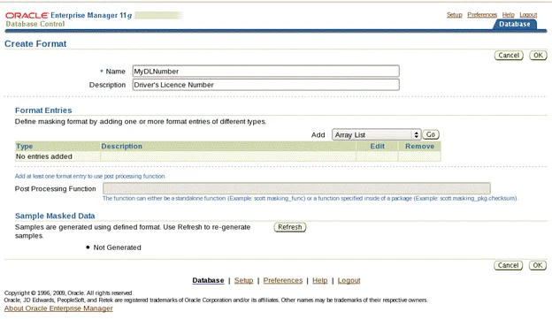 Database Control: Create Format